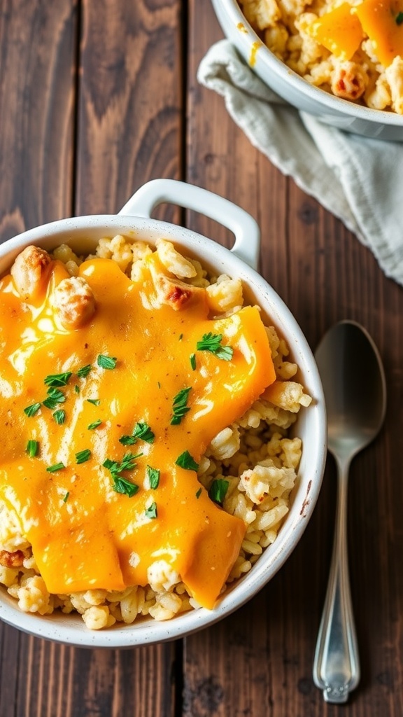 A delicious chicken and rice casserole topped with melted cheese and parsley, served in a small dish on a wooden table.